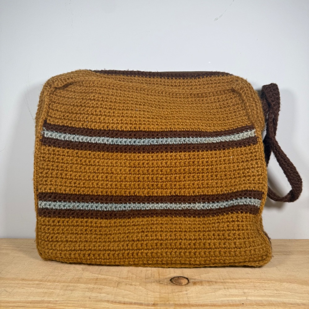 Vintage 1970s Crochet Shoulder Bag Brown Mustard Wool Striped Boho Hippie
